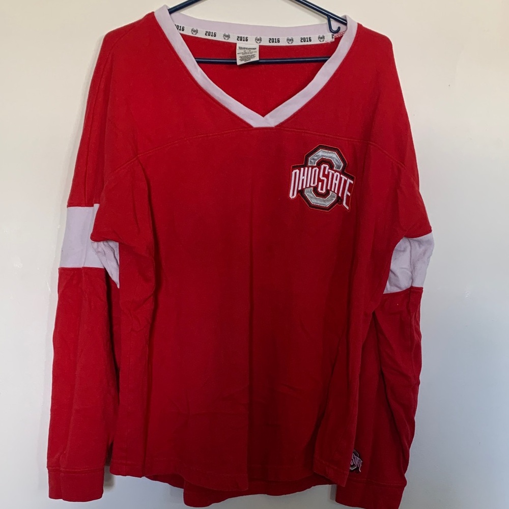 PINK Victoria's Secret Red and White V-Neck Shirt OSU